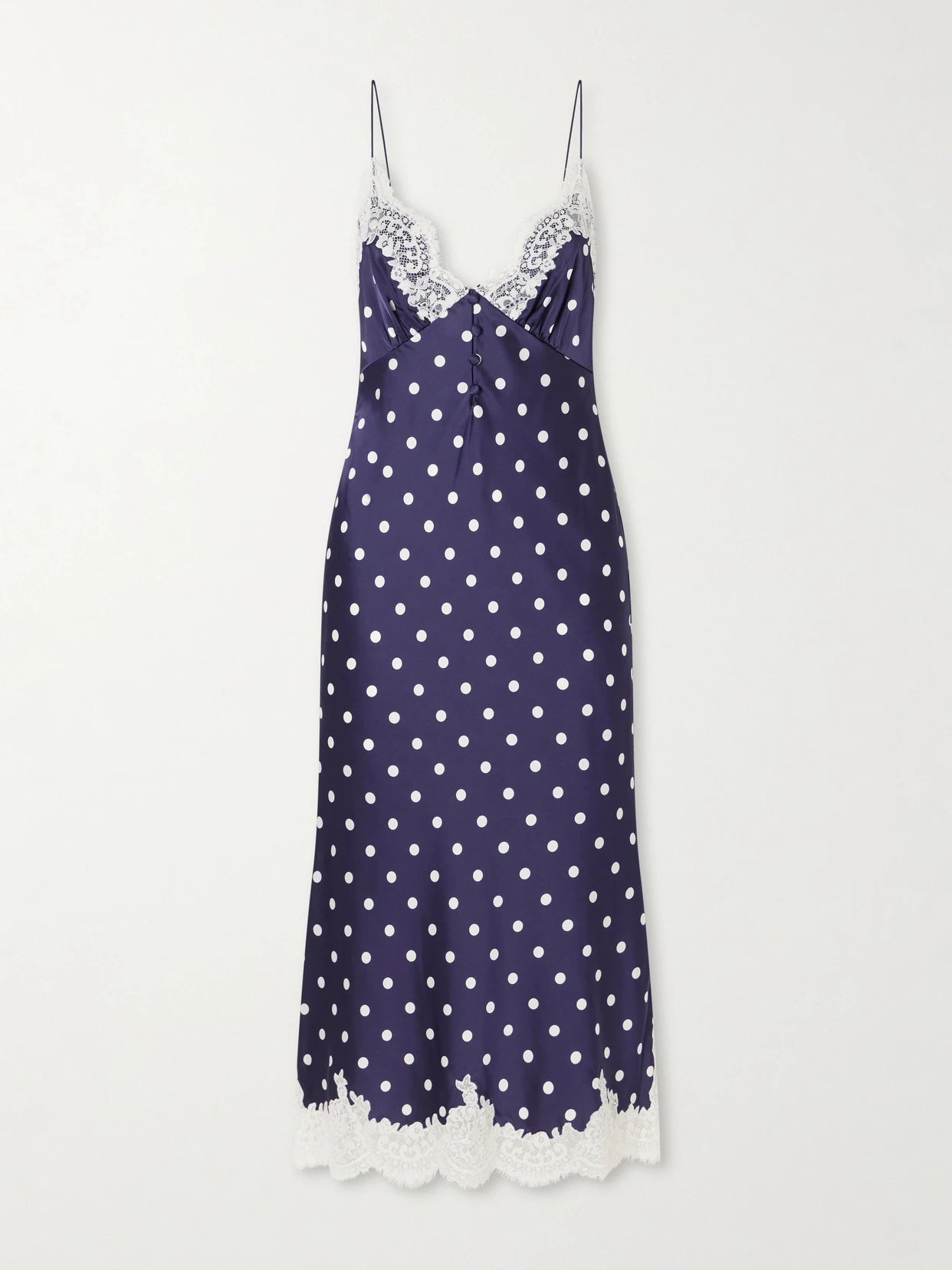 Image of Dresses. Product name - Lace-trimmed Polka-dot Satin Midi Dress in Navy colour by brand - Self-Portrait