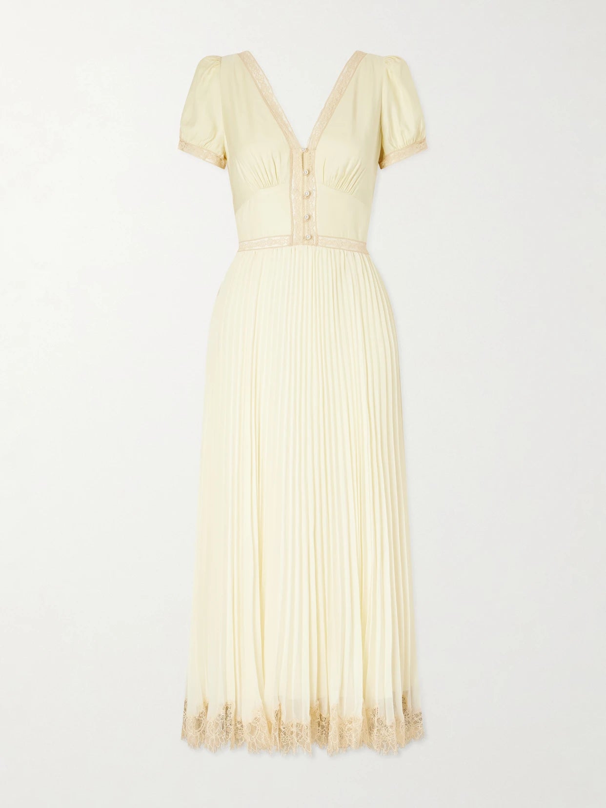 Lace-trimmed Pleated Crepe Midi Dress