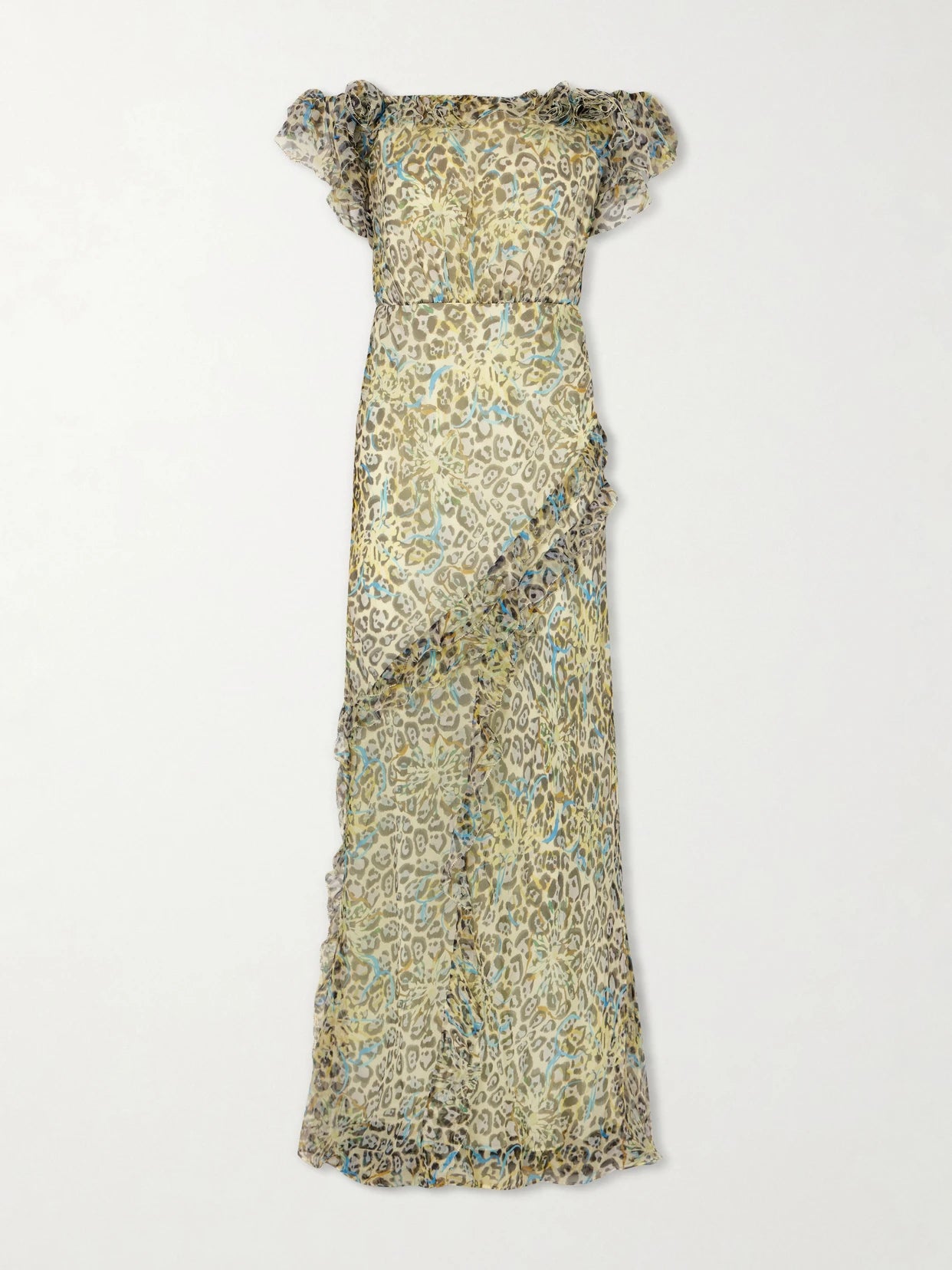 Nina Off-the-shoulder Ruffled Printed Silk Gown