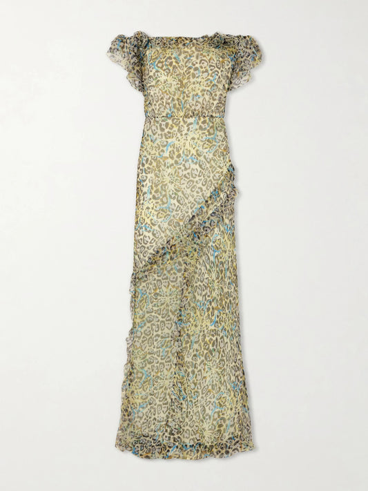 Nina Off-the-shoulder Ruffled Printed Silk Gown