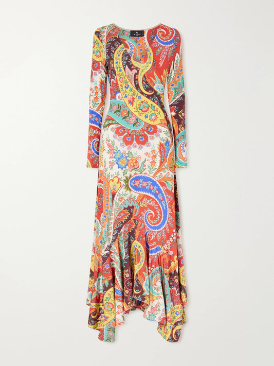 Image of Dresses. Product name - Ruffled Paisley-print Jersey Maxi Dress in Multi colour by brand - Etro
