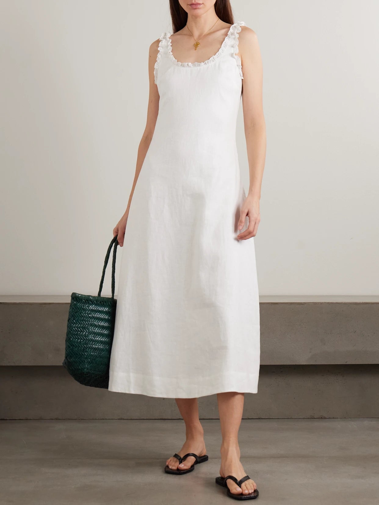 Image of Dresses. Product name - Florence Ruffle-trimmed Linen Midi Dress in White colour by brand - Posse
