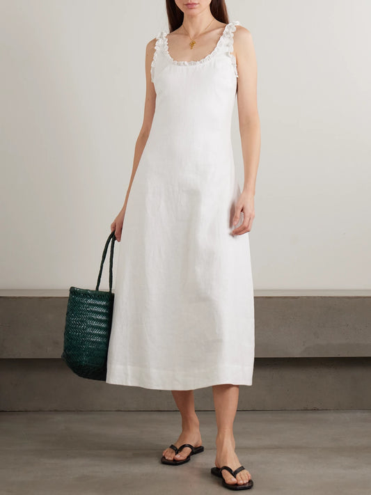 Image of Dresses. Product name - Florence Ruffle-trimmed Linen Midi Dress in White colour by brand - Posse