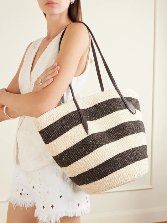 Image of Bags. Product name - Leather-trimmed Striped Sisal Tote in Cream colour by brand - Liffner