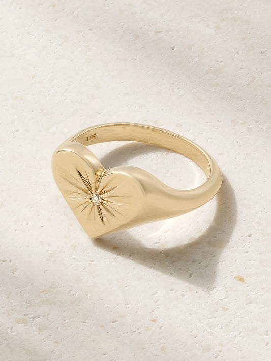 Heart 14-karat Gold Diamond Signet Ring