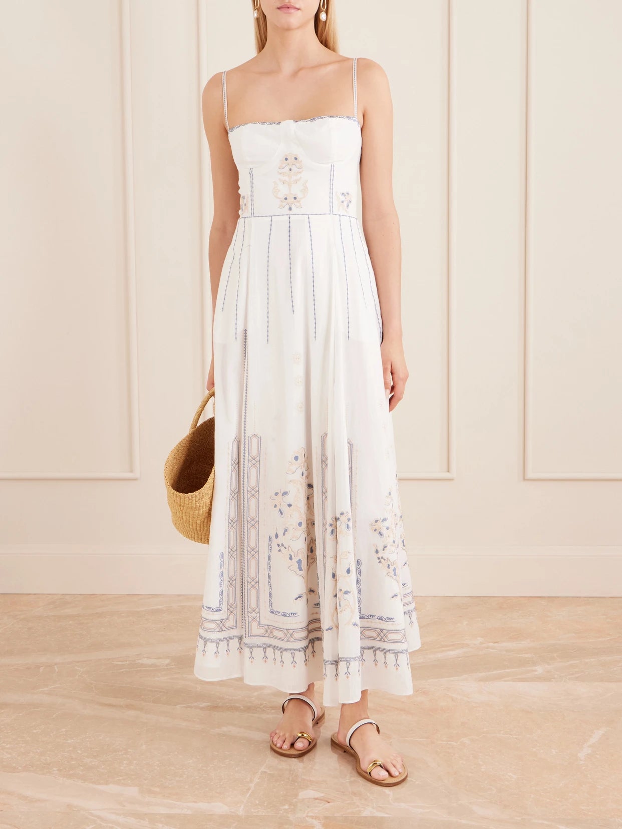 Image of Dresses. Product name - Valya Embroidered Pleated Cotton-poplin Midi Dress in White colour by brand - Emporio Sirenuse