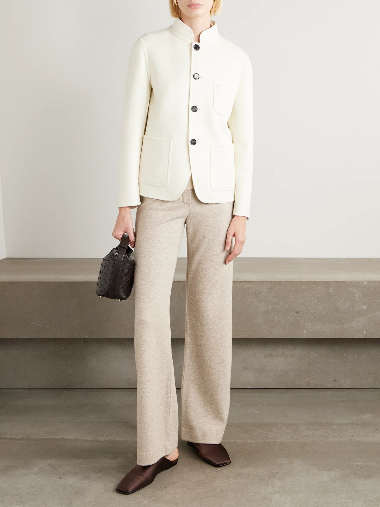 Image of a model wearing Pants. Product name - Robin Cashmere-blend Wide-leg Pants in Beige colour by brand - Loro Piana