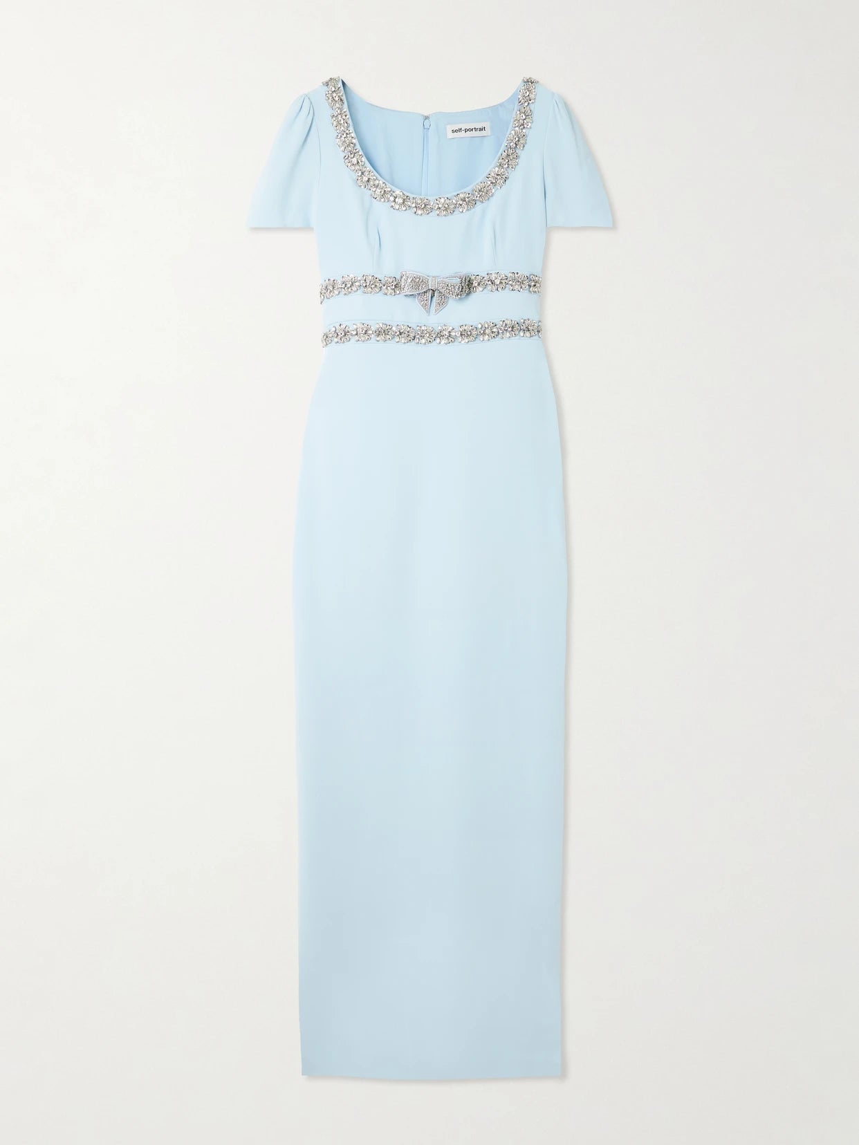 Image of Dresses. Product name - Bow-detailed Crystal-embellished Crepe Maxi Dress in Blue colour by brand - Self-Portrait
