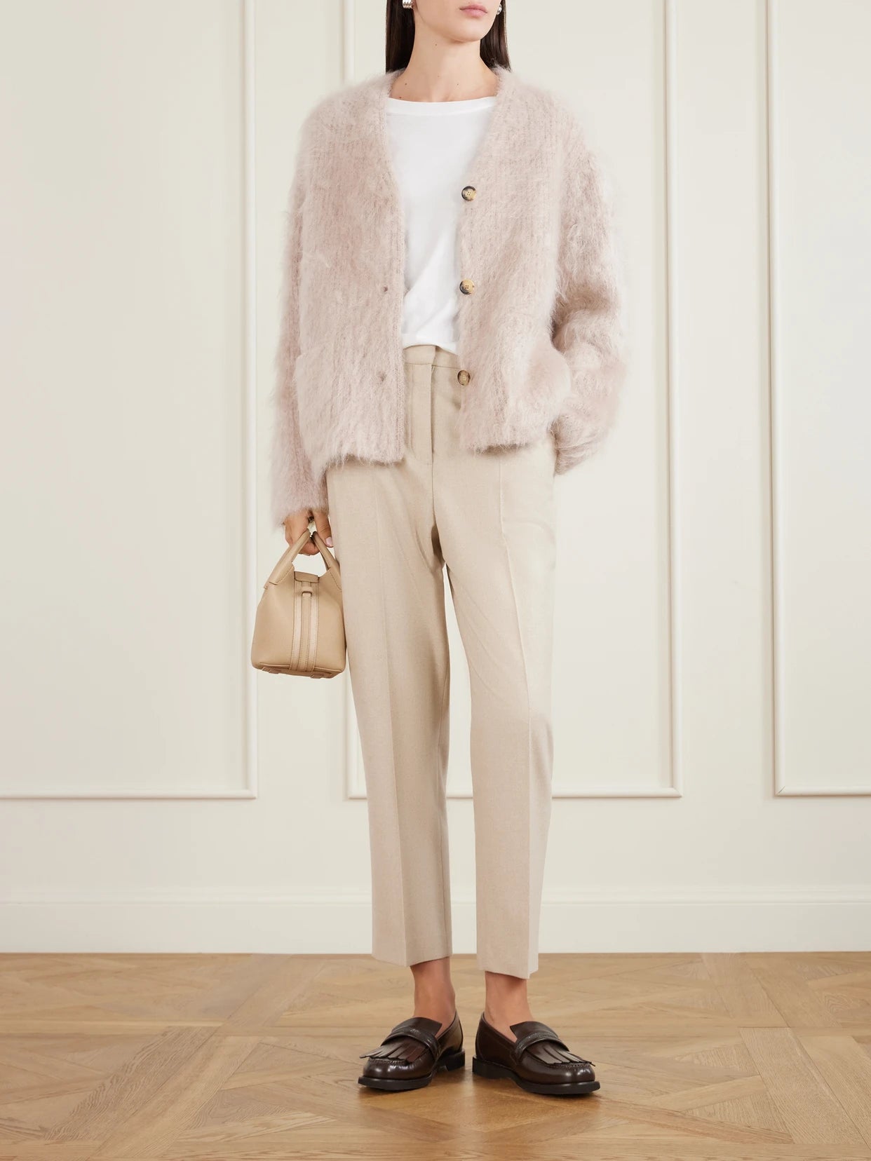 Image of a model wearing Outerwear. Product name - Cherry Hill Mohair And Cashmere-blend Cardigan in Beige colour by brand - Loro Piana