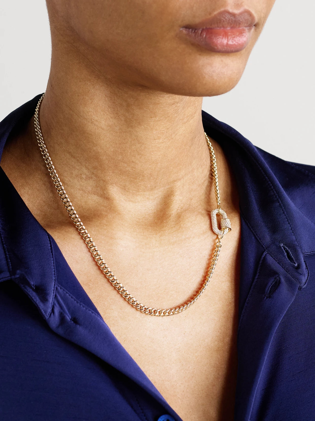 Image of Necklaces. Product name - Allstone Chubby Babylock + Heavy Curb 14-karat Gold Diamond Necklace in Multi colour by brand - Marla Aaron