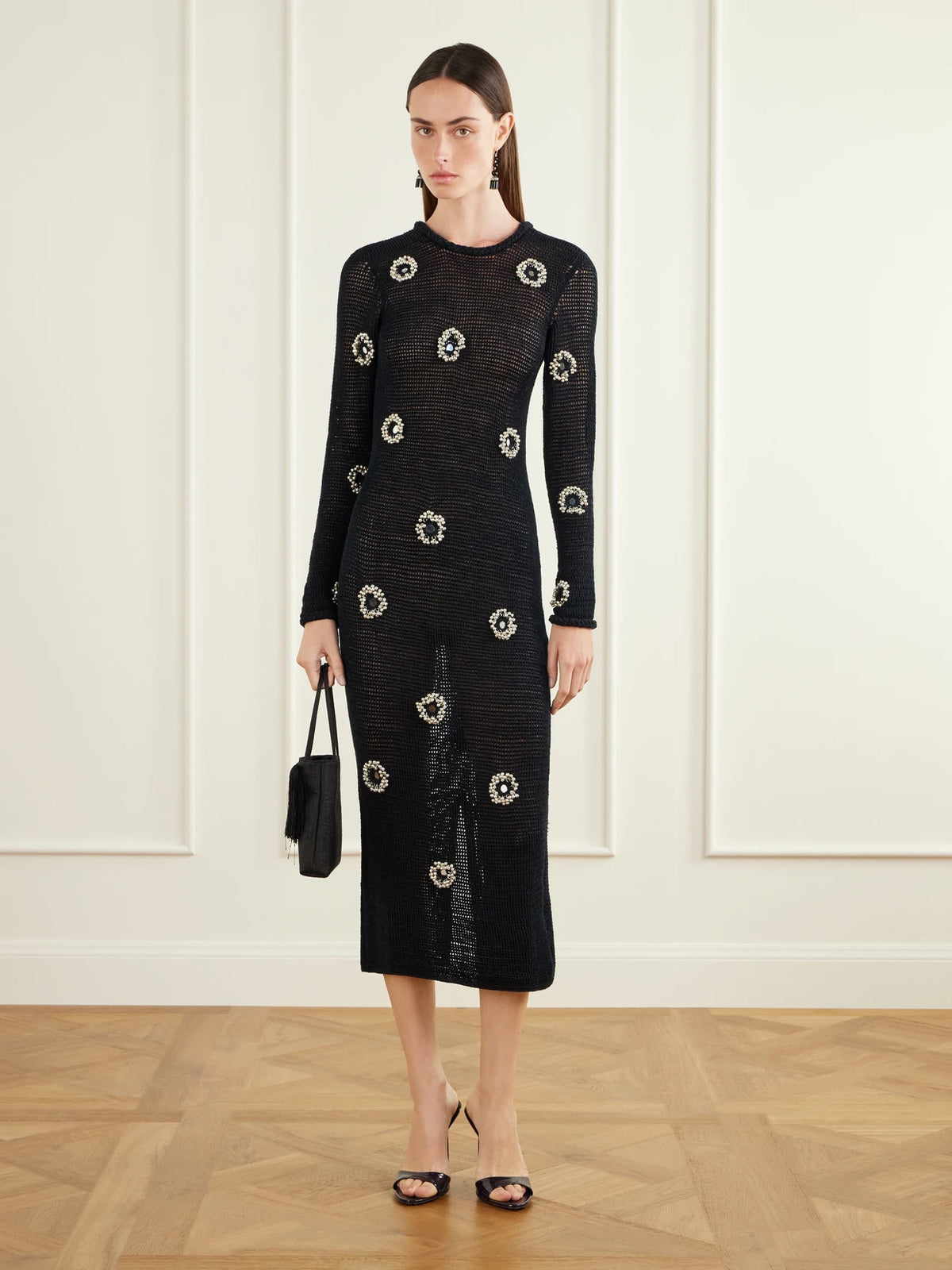 Image of Dresses. Product name - Maia Embellished Open-back Cotton Crochet-knit Midi Dress in Black colour by brand - Yoshita 1967