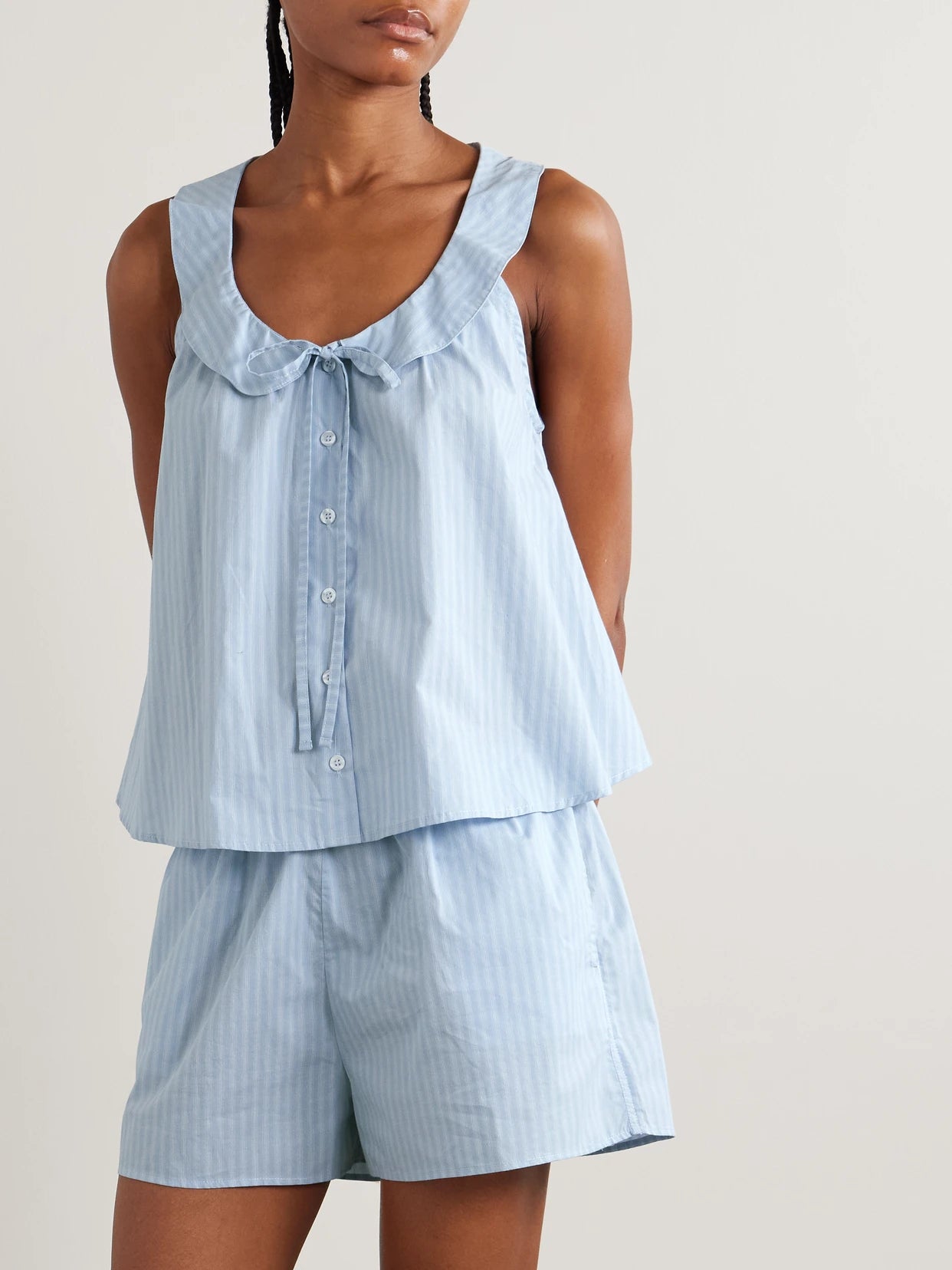 Round Collar Tie-detailed Striped Organic Cotton Shirt And Shorts Set