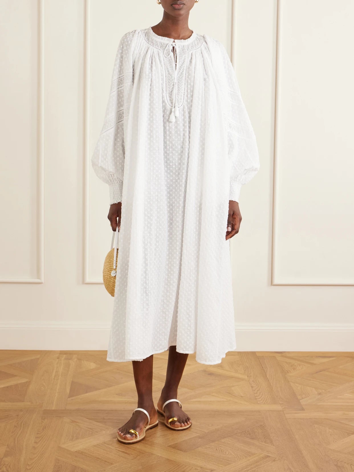 Image of Dresses. Product name - Vladia Ruffled Embroidered Cotton Maxi Dress in White colour by brand - Thierry Colson