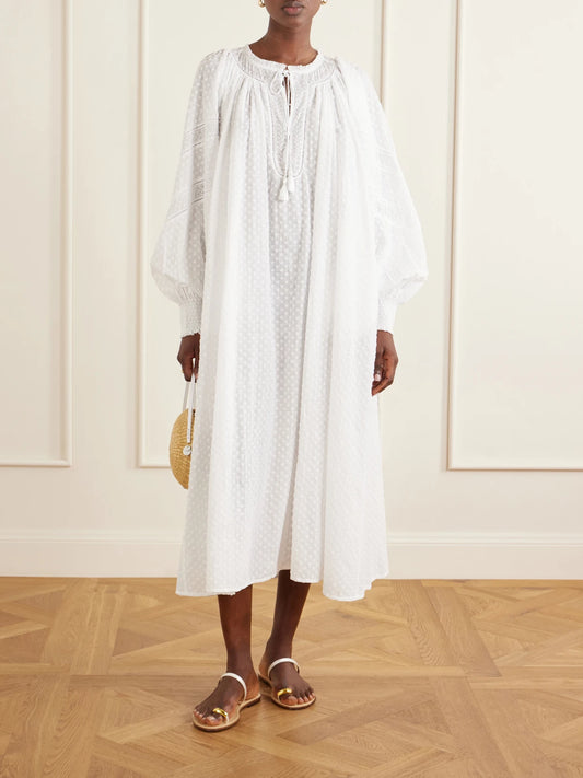 Image of Dresses. Product name - Vladia Ruffled Embroidered Cotton Maxi Dress in White colour by brand - Thierry Colson