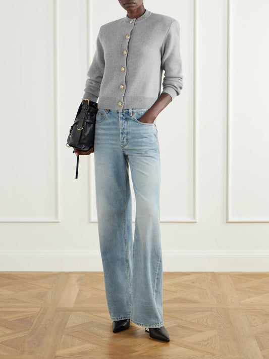 Image of a model wearing Outerwear. Product name - Merino Wool And Cashmere-blend Cardigan in Gray colour by brand - Balmain