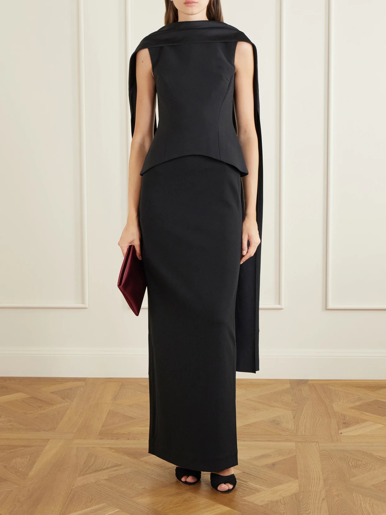 Image of Dresses. Product name - Annie Scarf-detailed Satin-trimmed Crepe Gown in Black colour by brand - Solace London