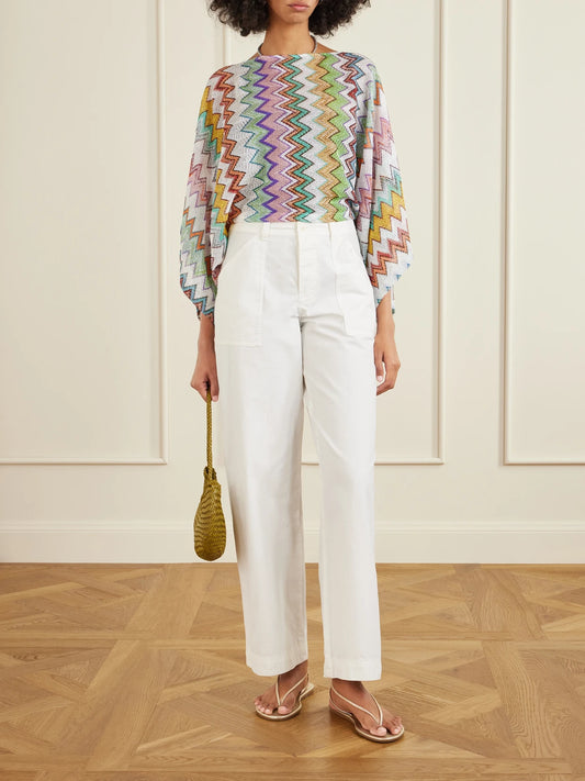 Image of Blouses. Product name - Striped Metallic Crochet-knit Blouse in White colour by brand - Missoni