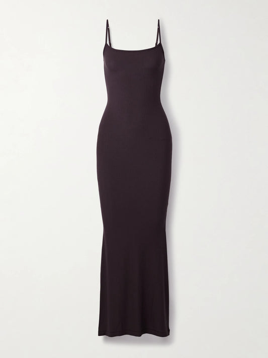 Image of Dresses. Product name - Soft Lounge Ribbed Long Stretch-modal Slip Dress - Phoenix in Brown colour by brand - SKIMS
