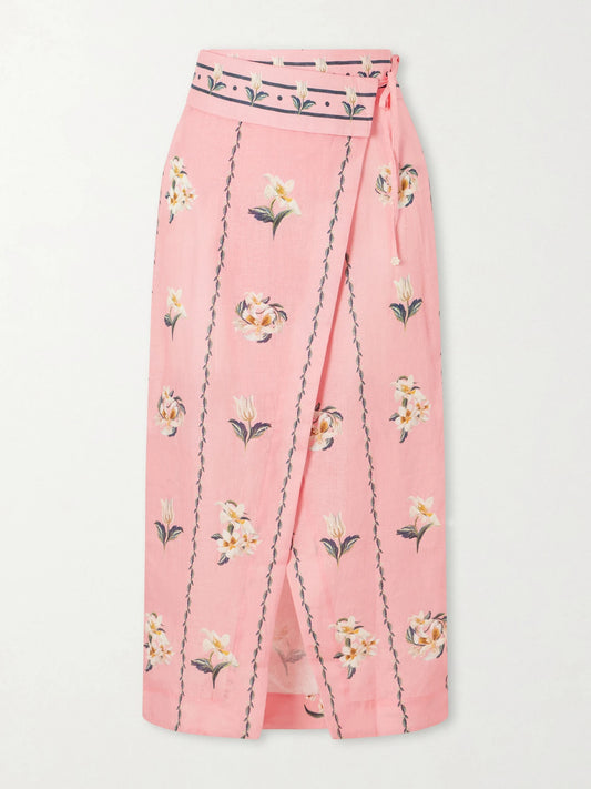 Image of Swimwear. Product name - Tierra Promessa Floral-print Linen Pareo in Pink colour by brand - Agua by Agua Bendita