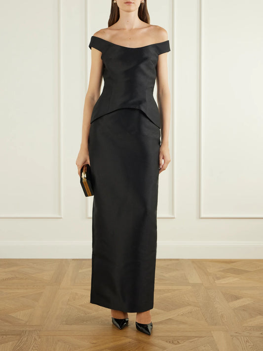 Image of Dresses. Product name - Pieta Off-the-shoulder Twill Gown in Black colour by brand - Solace London