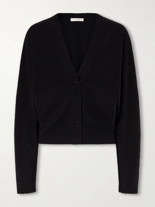 Image of a model wearing Outerwear. Product name - Navona Cashmere Cardigan in Black colour by brand - The Row