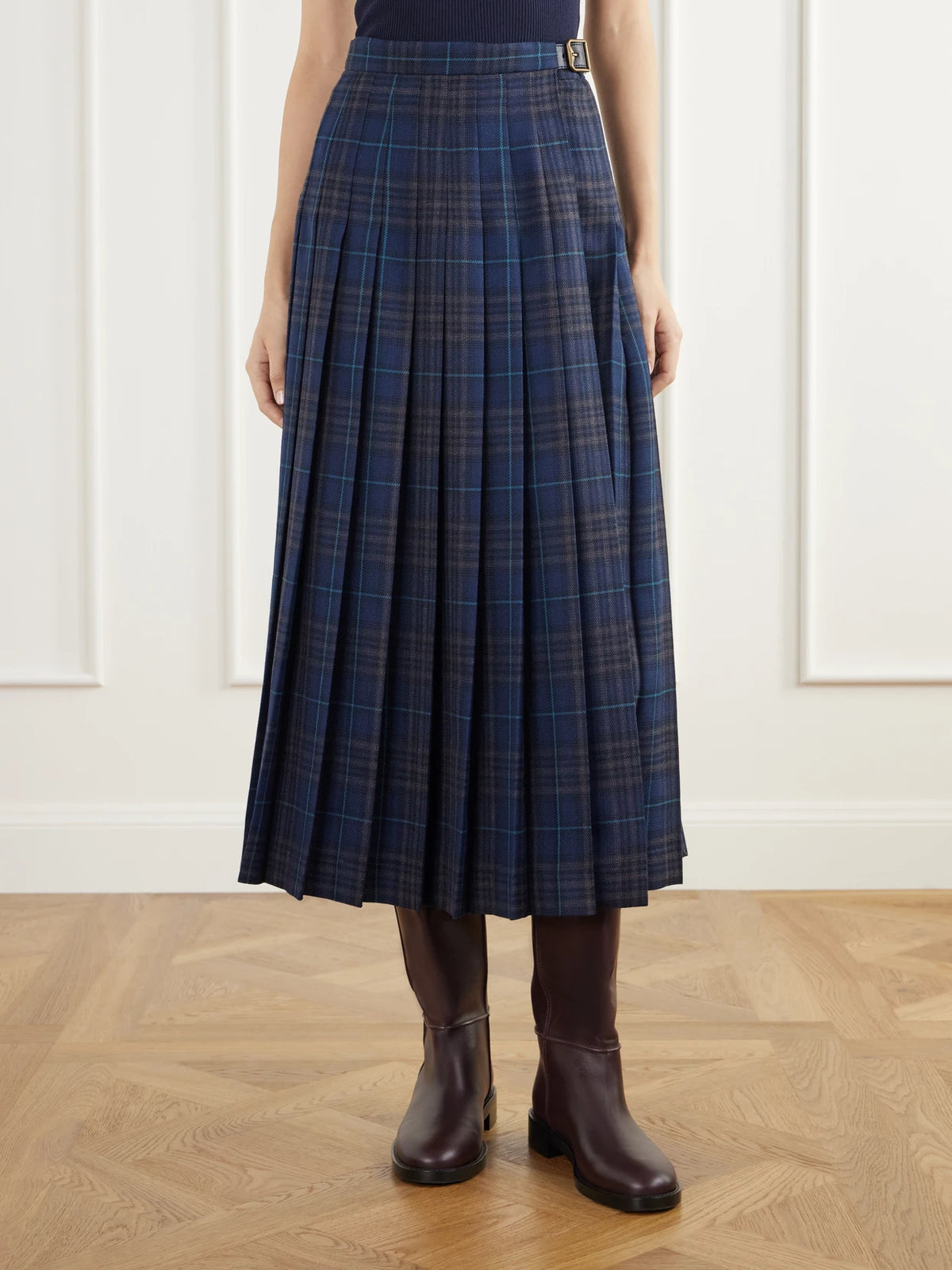 Burberry Elydia Belted Pleated Checked Wool-blend Twill Midi Skirt