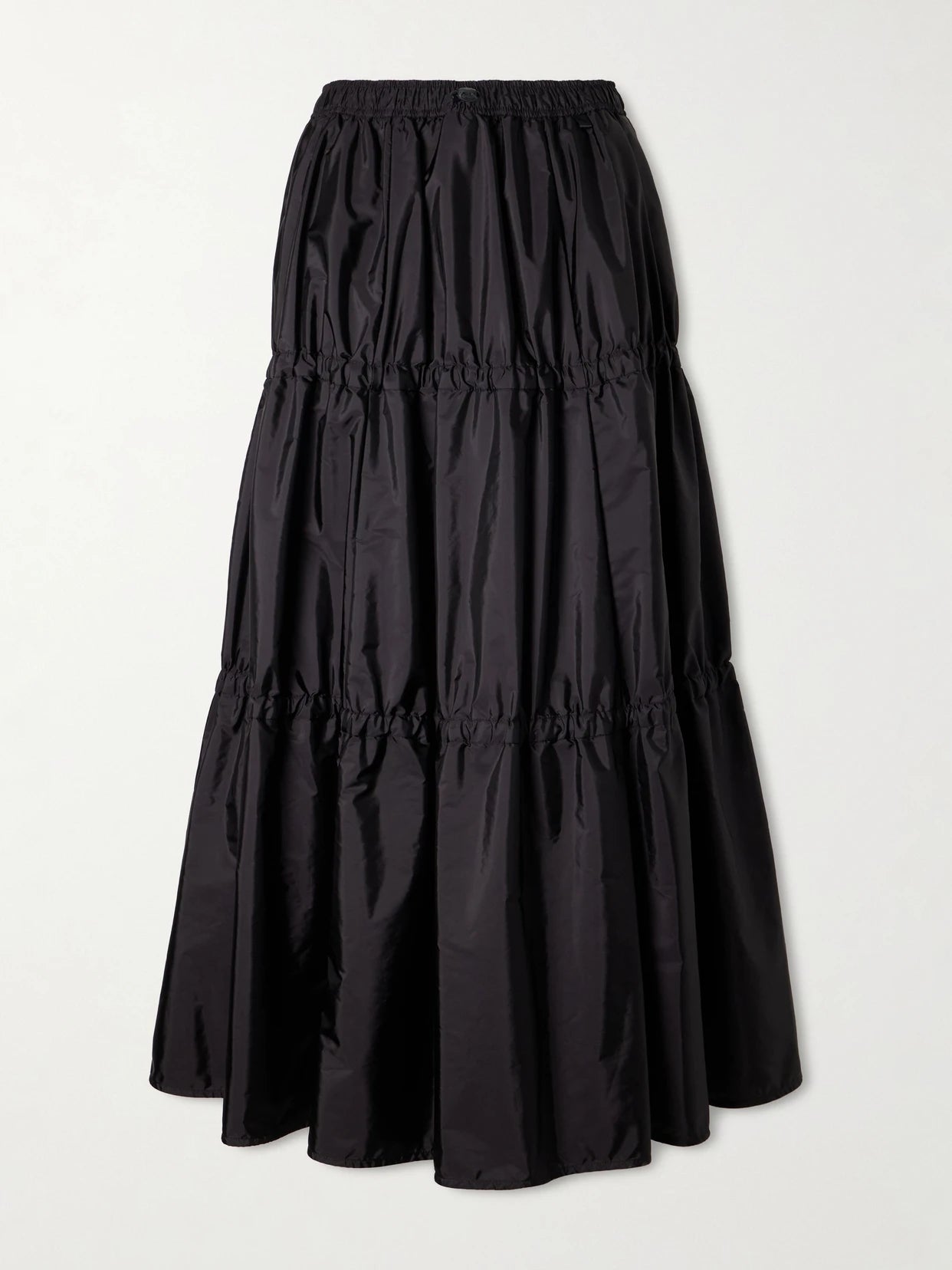 Image of a model wearing Skirts. Product name - Tiered Shell Midi Skirt in Black colour by brand - Moncler