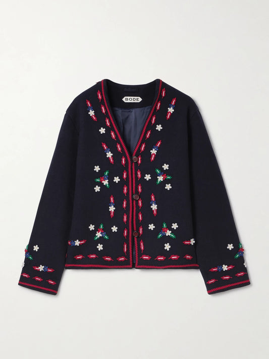 Image of Coats & Jackets. Product name - Carroll Appliquéd Wool Felt Jacket in Navy colour by brand - BODE