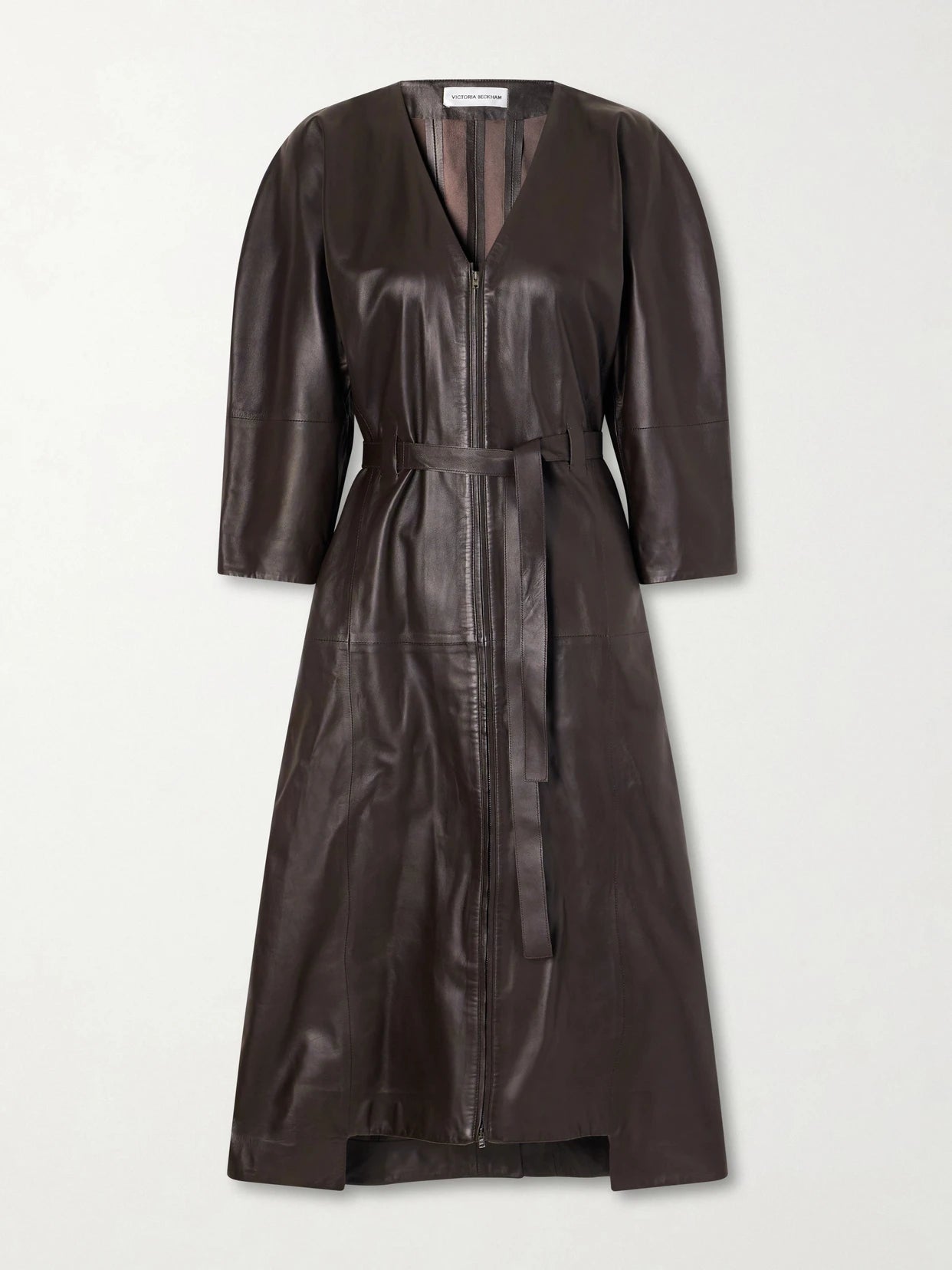 Image of Dresses. Product name - Dolman Belted Leather Midi Dress in Brown colour by brand - Victoria Beckham