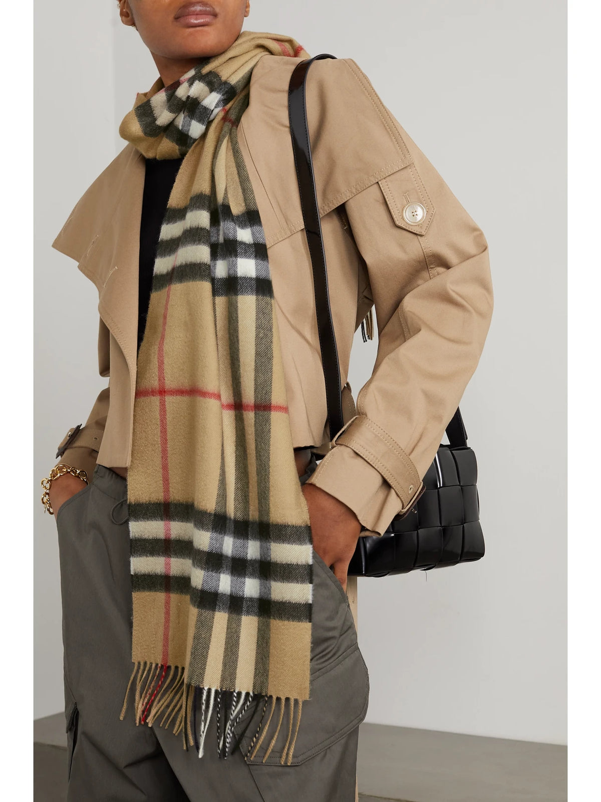 Image of Scarves & Shawls. Product name - + Net Sustain Fringed Checked Cashmere Scarf in Brown colour by brand - Burberry