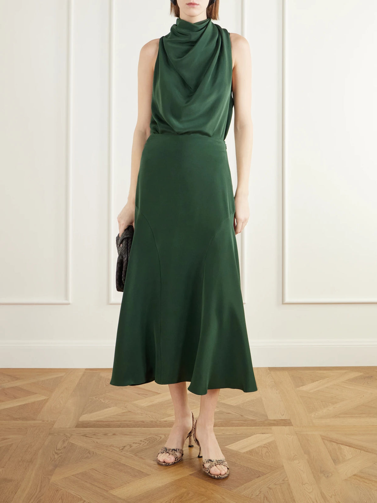Image of Outfit Sets. Product name - Sleary Gathered Draped Silk-satin Top in Dark green colour by brand - Altuzarra