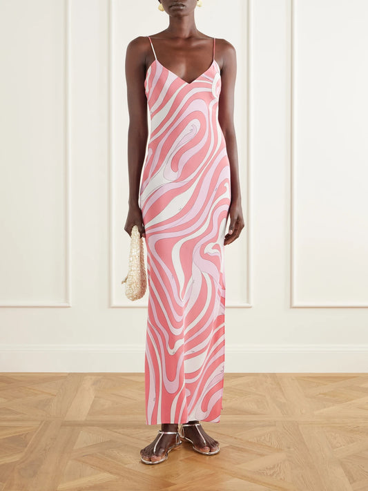 Image of Dresses. Product name - Printed Silk-twill Maxi Dress in Baby pink colour by brand - PUCCI