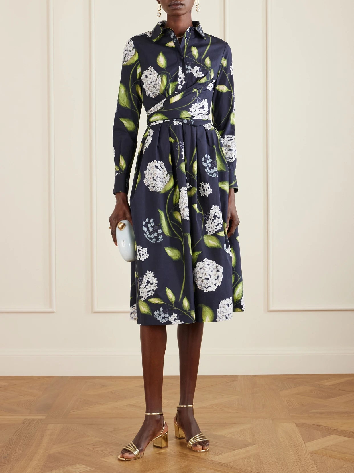 Image of Dresses. Product name - Wrap-effect Floral-print Cotton-blend Poplin Shirt Dress in Navy colour by brand - Oscar de la Renta