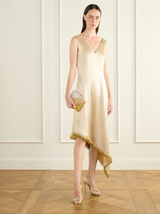 Image of Dresses. Product name - Lynn Asymmetric Bead-embellished Satin Midi Dress in Gold colour by brand - Abadia