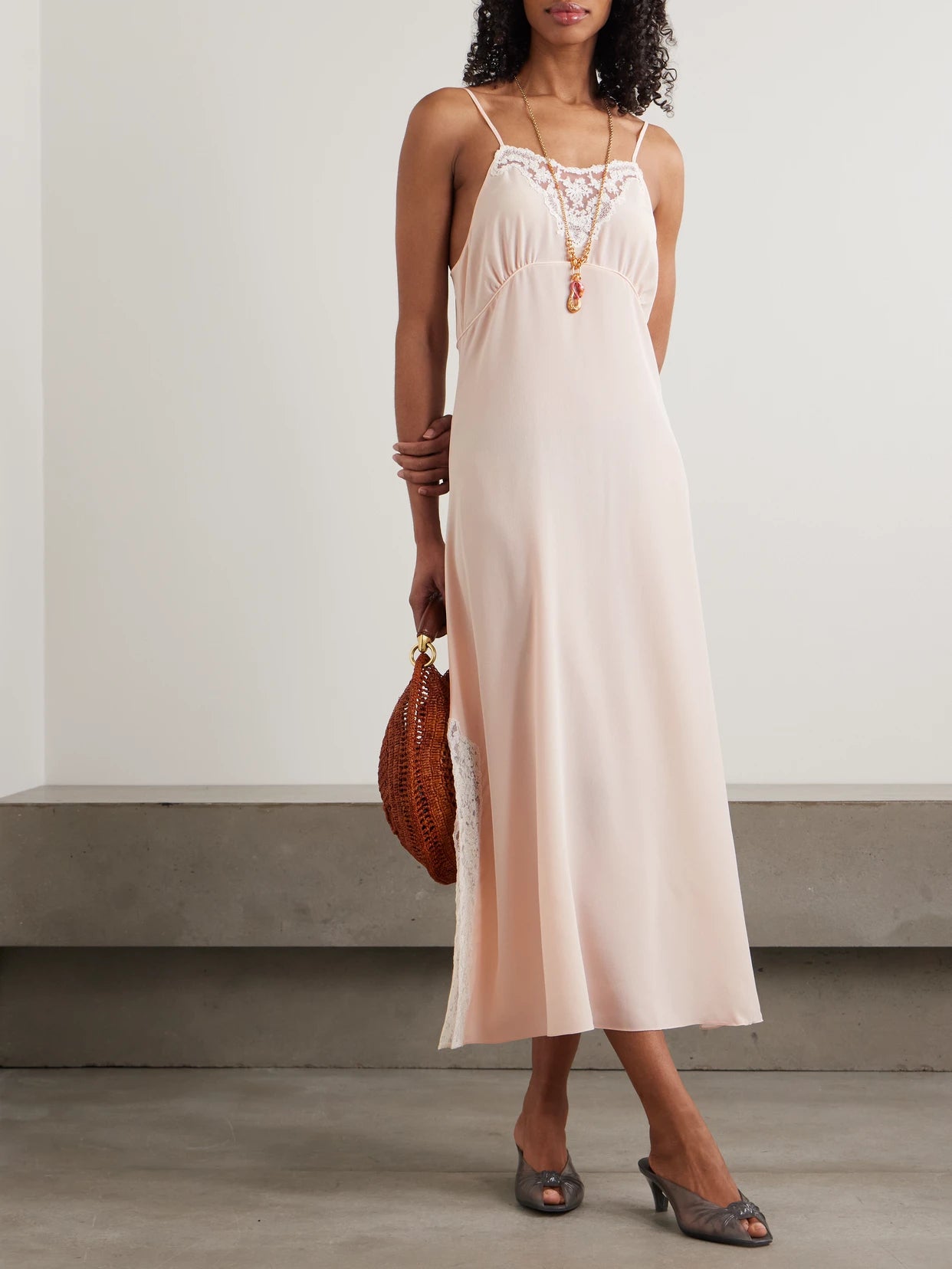 Image of Dresses. Product name - Lace-trimmed Silk Crepe De Chine Maxi Dress in Pink colour by brand - Chloé