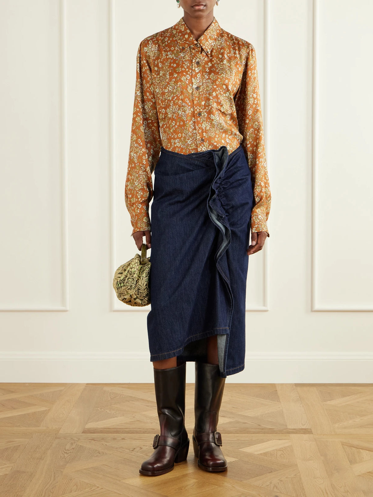 Image of a model wearing Tops. Product name - Floral-jacquard Printed Satin Shirt in Orange colour by brand - Dries Van Noten
