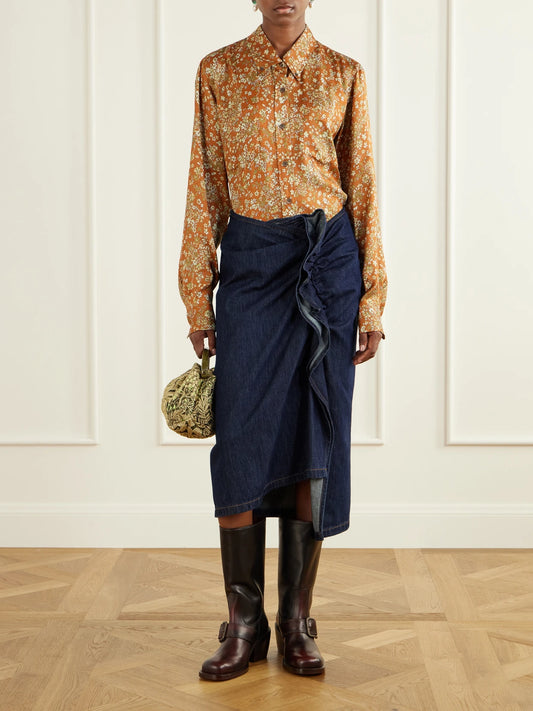Image of a model wearing Tops. Product name - Floral-jacquard Printed Satin Shirt in Orange colour by brand - Dries Van Noten