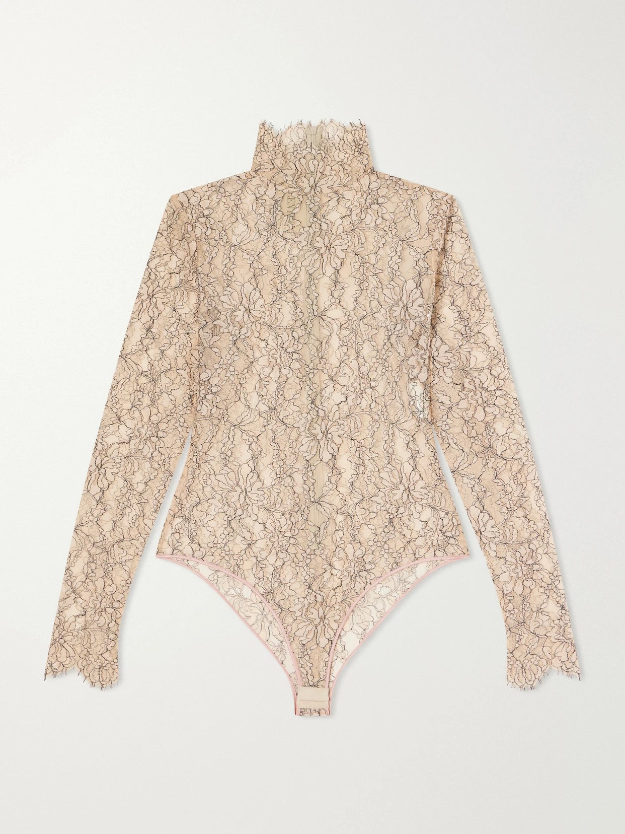 Image of a model wearing Tops. Product name - Scalloped Lace Jersey Bodysuit in Beige colour by brand - Valentino Garavani