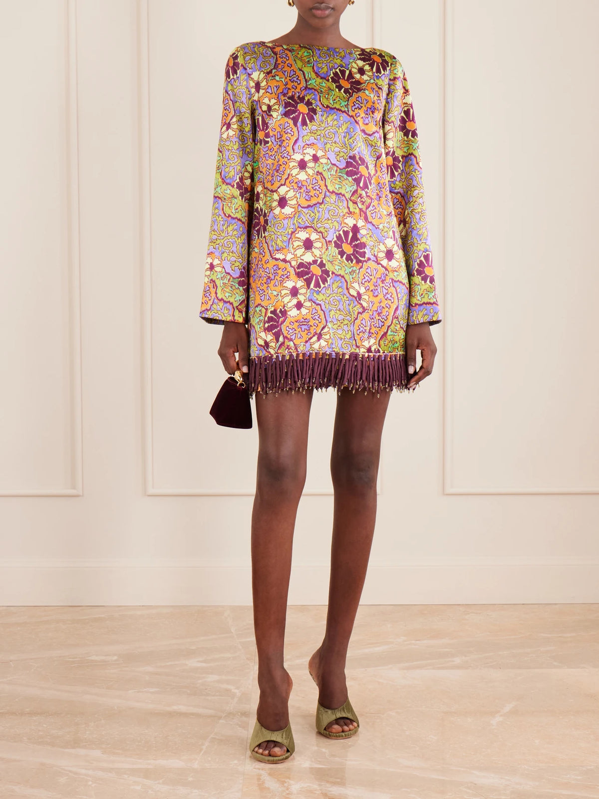 Image of Dresses. Product name - Floral-print Fringed Satin Mini Dress in Multi colour by brand - ALÉMAIS