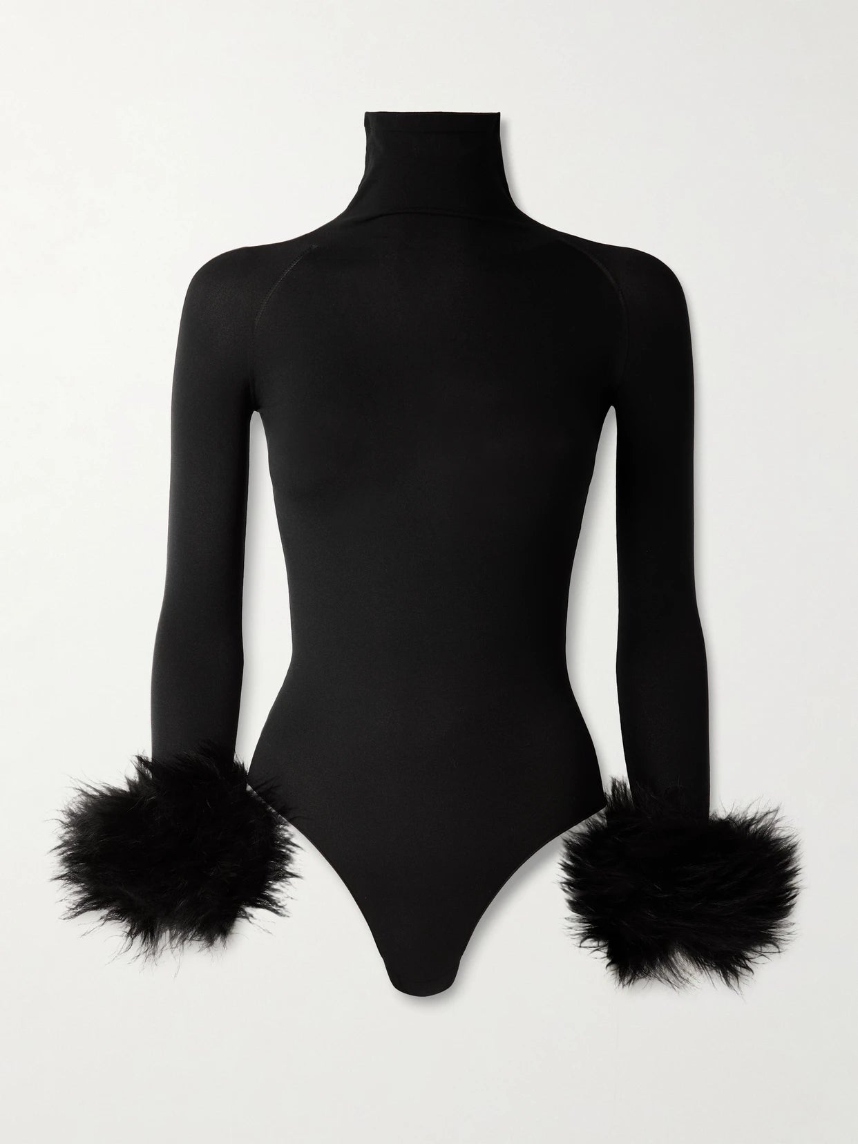 Image of a model wearing Tops. Product name - Shearling-trimmed Stretch-jersey Turtleneck Bodysuit in Black colour by brand - Alaïa