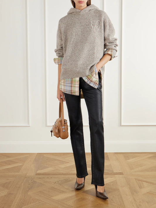 Image of a model wearing Outerwear. Product name - Layered Checked Poplin-trimmed Wool-blend Sweater in Beige colour by brand - Acne Studios
