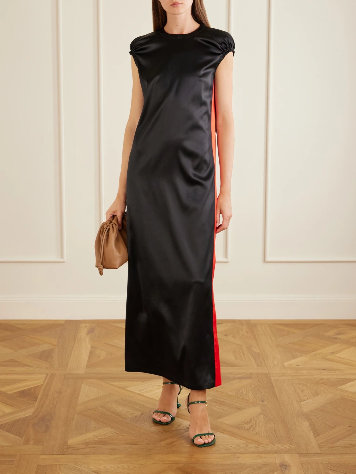 Image of Dresses. Product name - Satin Silk-blend Midi Dress in Black colour by brand - LOEWE