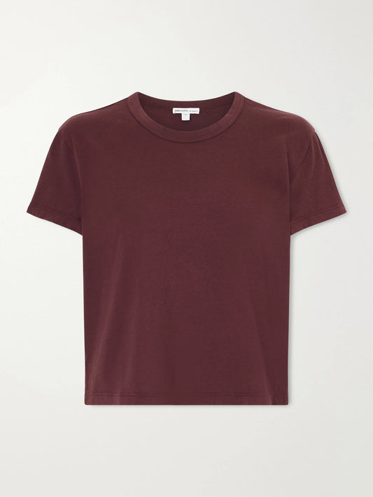 Image of a model wearing Tops. Product name - Cropped Cotton-jersey T-shirt in Burgundy colour by brand - James Perse