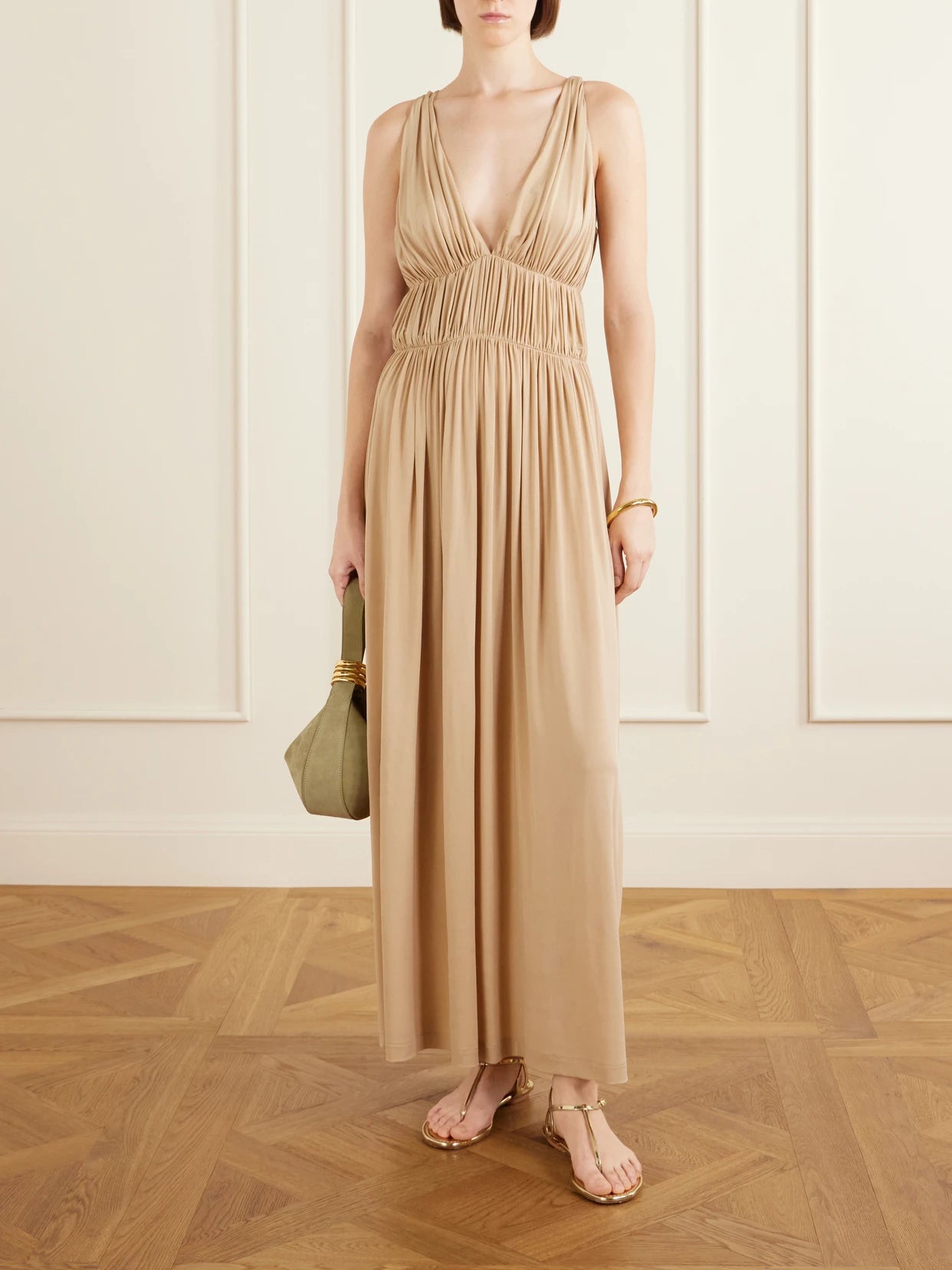 Image of Dresses. Product name - Ouida Gathered Jersey Maxi Dress in Sand colour by brand - TOVE