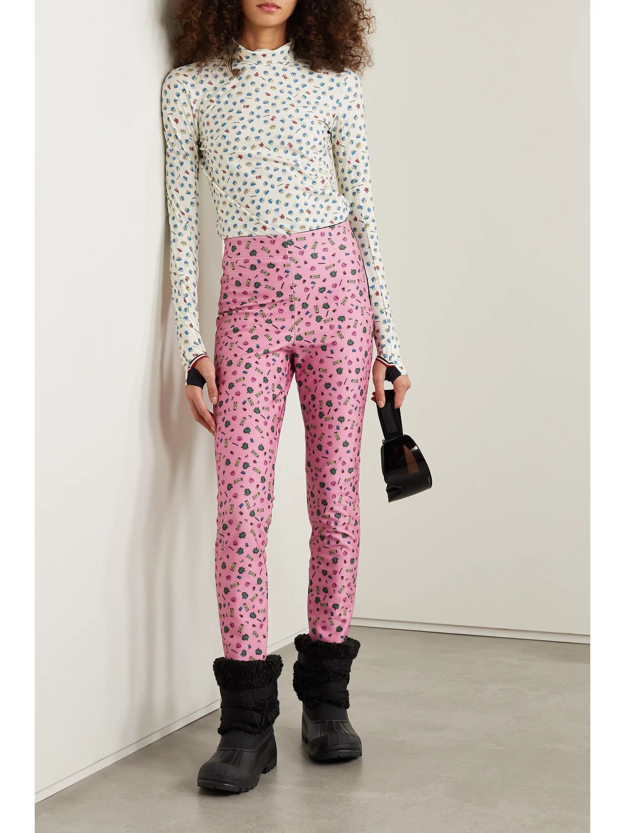 Image of a model wearing Tops. Product name - + 3 Moncler Grenoble Printed Stretch-jersey Stirrup Pants in Pink colour by brand - Moncler Genius