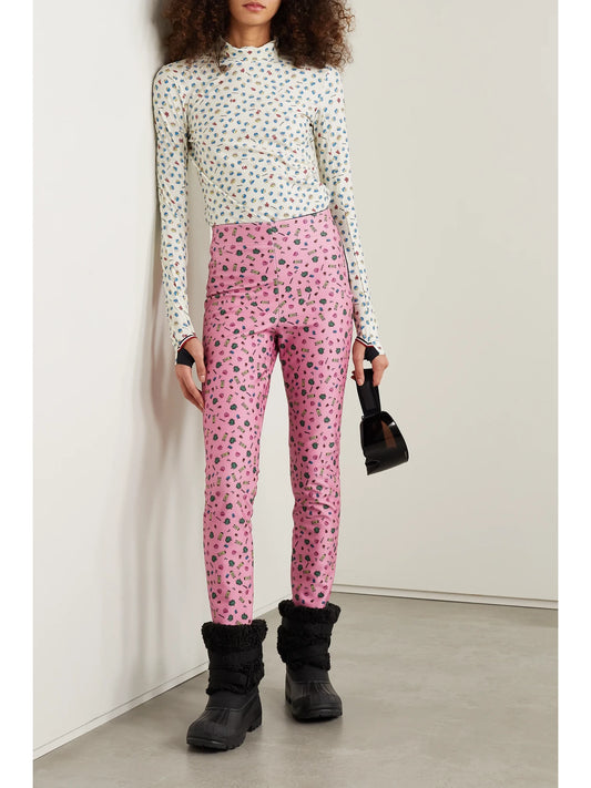 Image of a model wearing Tops. Product name - + 3 Moncler Grenoble Printed Stretch-jersey Stirrup Pants in Pink colour by brand - Moncler Genius