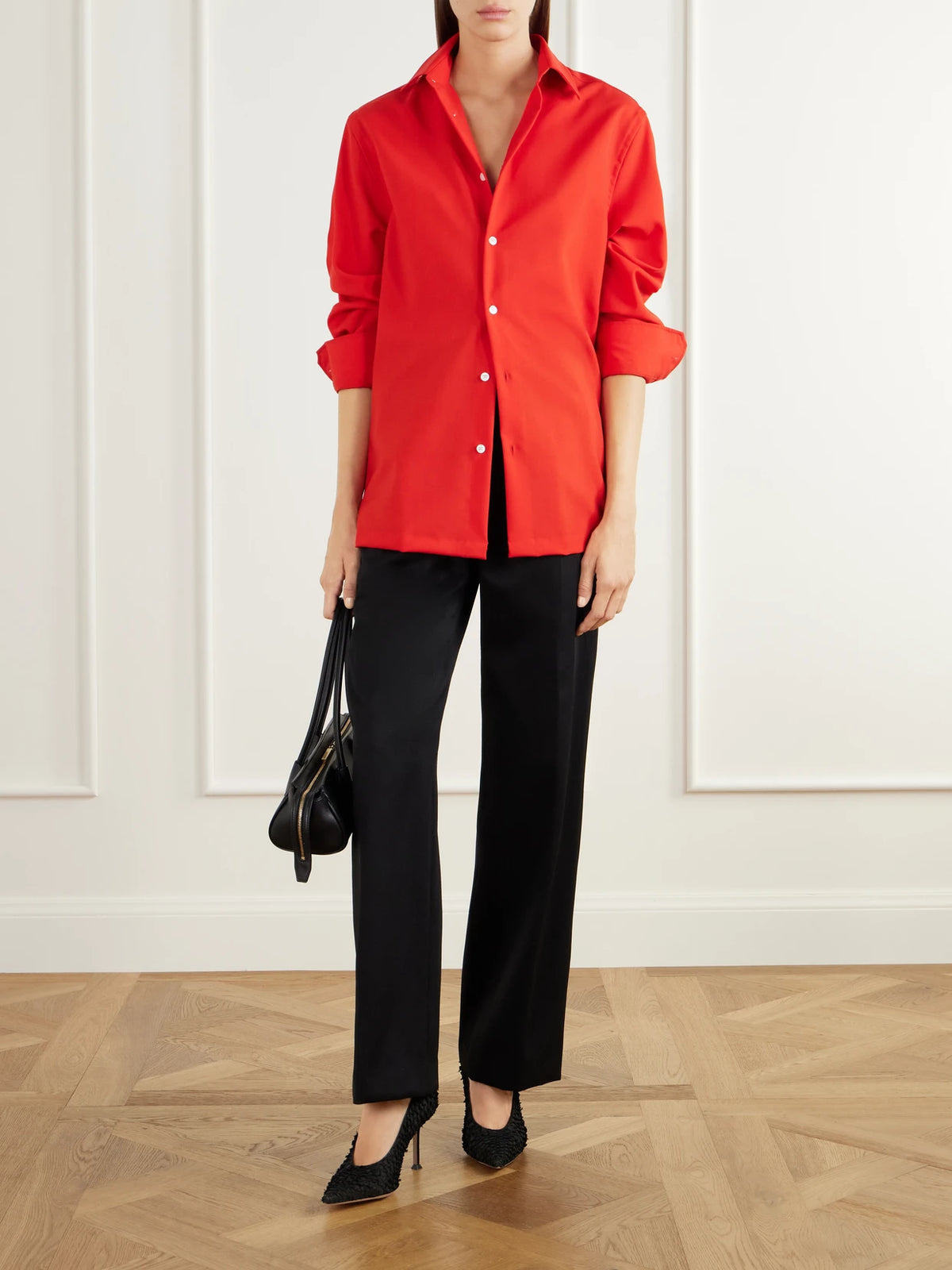 Image of a model wearing Tops. Product name - Wool-twill Shirt in Red colour by brand - Willy Chavarria