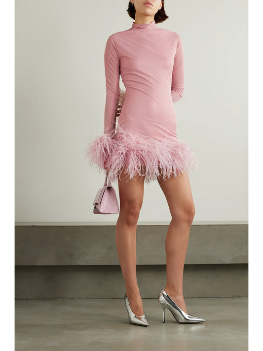 Image of Dresses. Product name - Luna Feather-trimmed Stretch-jersey Turtleneck Mini Dress in Blush colour by brand - 16ARLINGTON