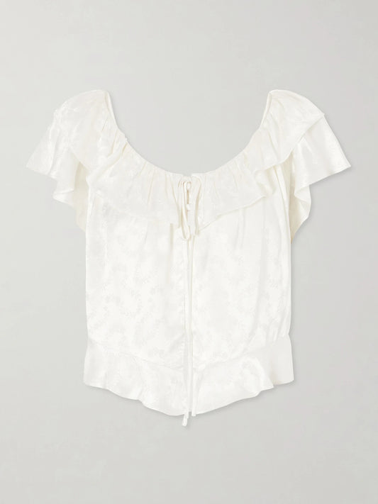 Image of a model wearing Tops. Product name - Floriette Ruffled Satin-jacquard Blouse in White colour by brand - DÔEN