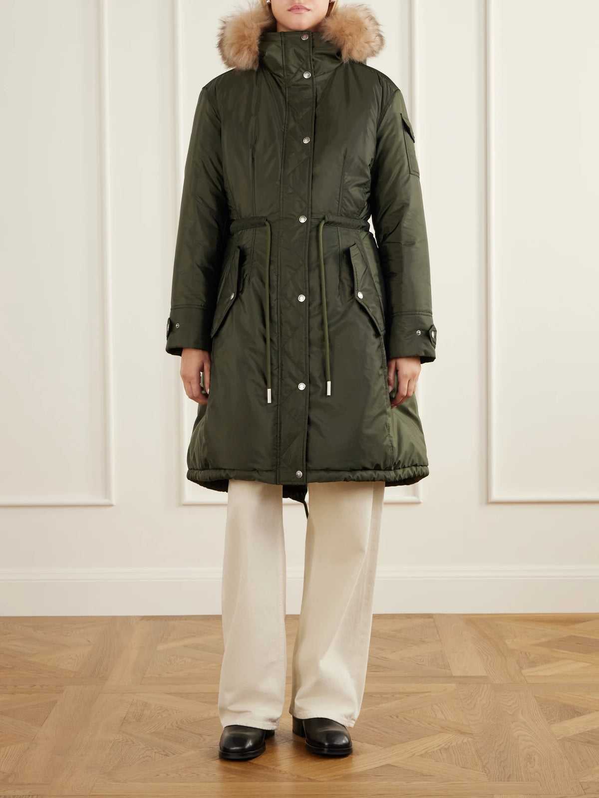 Image of Coats & Jackets. Product name - Moustique Shearling-trimmed Shell Jacket in Forest green colour by brand - Moncler